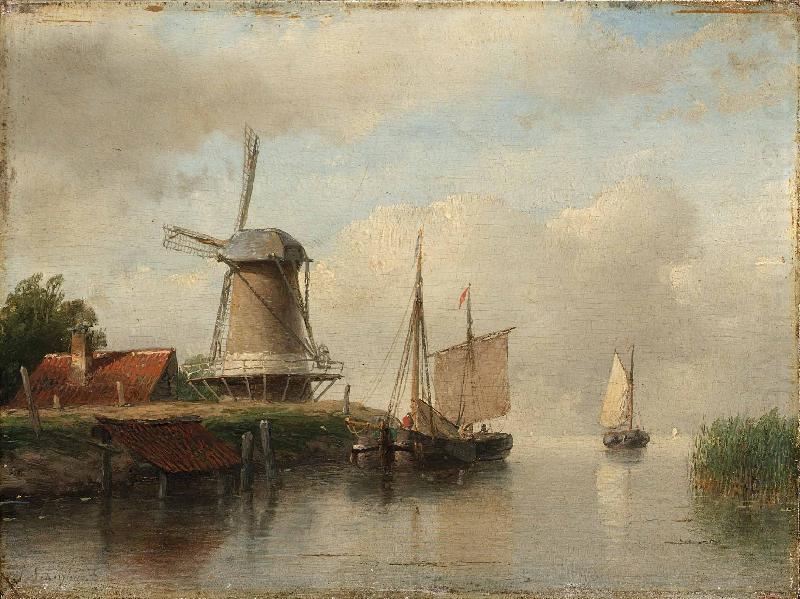 Dutch boats moored on a river beside a windmill, Andreas Schelfhout